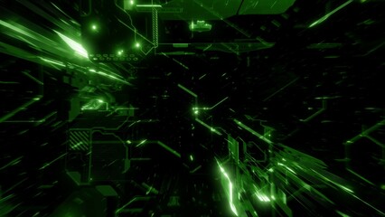 Green banner 3D illustration on black background of digital abstract space, depicting simulated big data and AI-crypto blockchain concepts in a geometrical design.