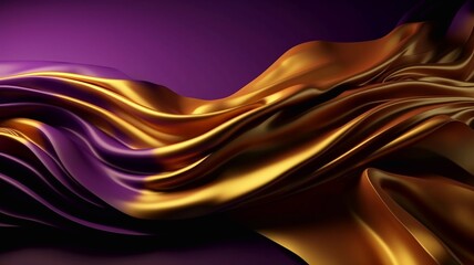 Abstract background with waves of bright gold and purple gradient silk fabric. Generative AI.