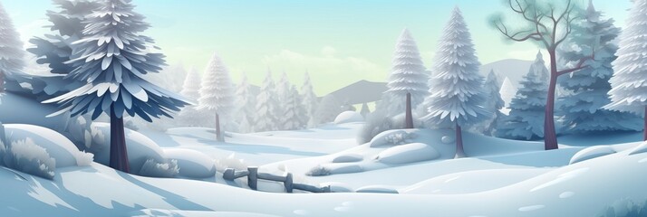 Fototapeta premium Snowy winter landscape. New Year's Christmas winter background, trees in the snow. Horizontal banner and poster, header for website. generative ai