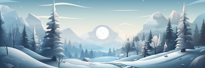 Snowy winter landscape. New Year's Christmas winter background, trees in the snow. Horizontal banner and poster, header for website. generative ai