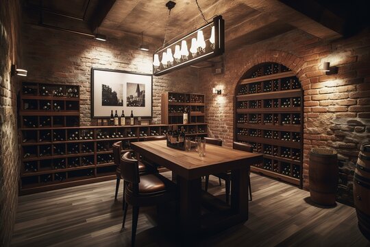 Wine Cellar Tasting Room: Capture a set of images that showcase a cozy, wine cellar tasting room. Generative AI