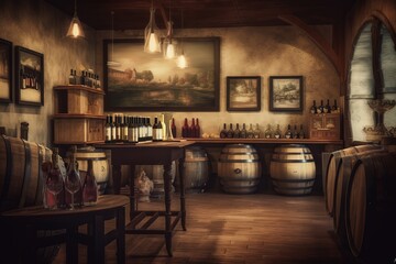 Wine Tasting Room: Capture a set of images that showcase a cozy, rustic wine tasting room. Generative AI