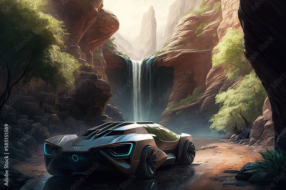 Poster futuristic car passing through canyon, with waterfalls and greenery in the background, created with 