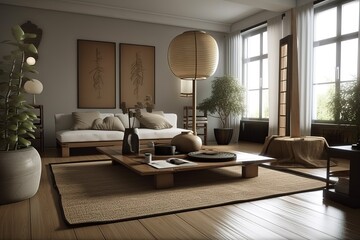 Zen Living Room: Create a living room with a Zen - inspired design, using natural materials, calming colors, and minimalist decor. Generative AI