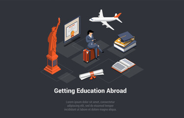 Education Abroad, Work And Travel Program Concept. Woman Exchange Student Is Sitting On Suitcase Waiting For Flight Abroad. Internet Education Course Degree. Isometric 3D Cartoon Vector Illustration