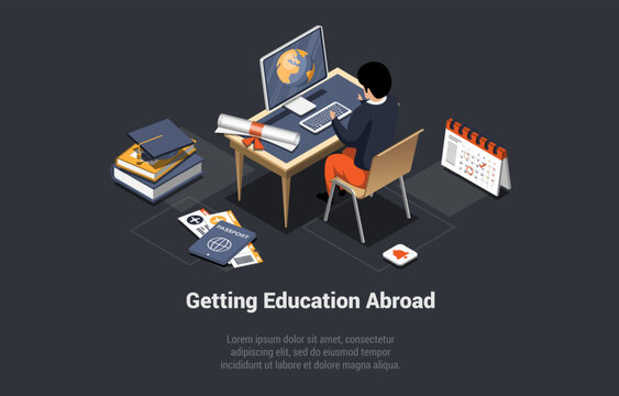 Education Abroad, Work And Travel Program Concept. Man Exchange Student In Front Of Computer Searcing An Information About Courses. Internet Education Course Degree. Isometric 3D Vector Illustration