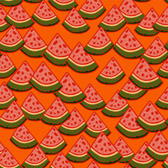 Hand drawn watermelon slices seamless pattern. Funny fruit backdrop.