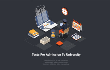 Global Education And Test For Admission To University. Male Character Student Passed Exam. Man Learning Online On Tablet And Get University Admission Certificate. Isometric 3d Vector Illustration
