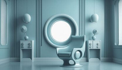 Retro room interior in 1950s 1960s style. Vintage fashion house with light blue colors. Futuristic modern apartment. Generative AI.