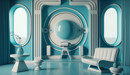 Retro room interior in 1950s 1960s style. Vintage fashion house with light blue colors. Futuristic modern apartment. Generative AI.
