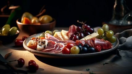 Fototapeta na wymiar A Perfect Antipasto Plate with Ham, Prosciutto, Cheese, and Veggies