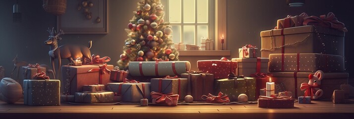 Merry Christmas and Happy new year. Christmas cozy home interior. Festive design with decorative elements. holiday season. Horizontal banner and poster, header for website. generative ai