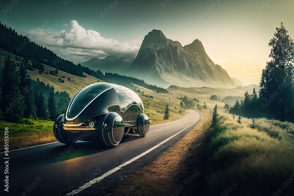 Poster futuristic car traveling on a windy mountain road, with the view of rolling hills and tall trees, created with generative ai