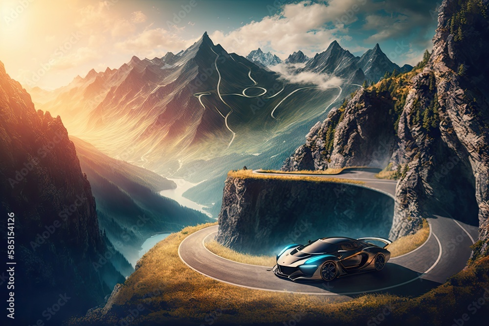 Wall mural futuristic car speeding along a winding mountain road, with stunning view of the valley below, created with generative ai