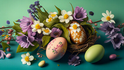 Composition easter eggs and flowers on the pastel green background, happy easter, holiday gift, AI generated 
