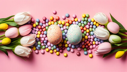 Composition tulips with easter egg and coloful candy, AI generated