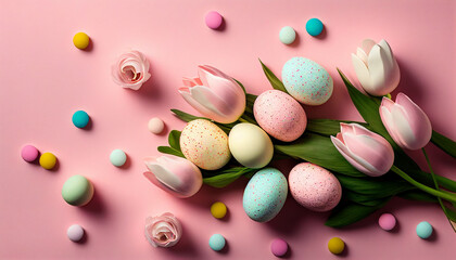 Composition tulips with easter egg and coloful decor, AI generated
