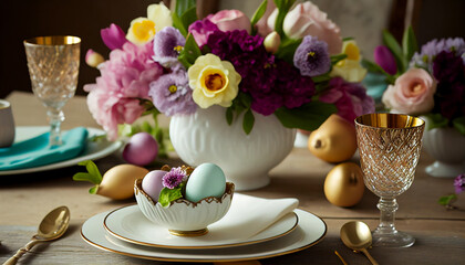 Easter table setting with flowers, сomposition easter eggs and flowers on the pastel green background, happy easter, holiday gift, AI generated 