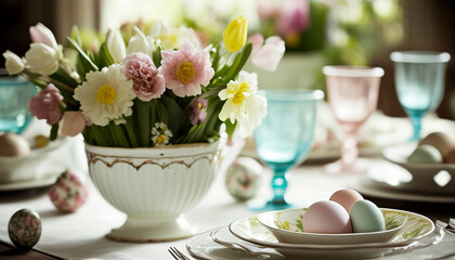 Easter table setting with flowers, сomposition easter eggs and flowers on the pastel green background, happy easter, holiday gift, AI generated 