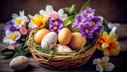 Easter eggs in basket with flowers, AI generated 