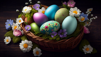 Obraz na płótnie Canvas Easter eggs in basket with flowers, AI generated 