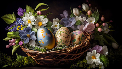 Easter eggs in basket with flowers, AI generated 