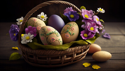 Easter eggs in basket with flowers, AI generated 