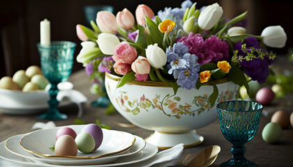 Easter table setting with flowers, сomposition easter eggs and flowers on the pastel green background, happy easter, holiday gift, AI generated 