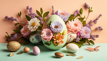 Composition easter eggs and flowers on the pastel green background, happy easter, holiday gift, AI generated 