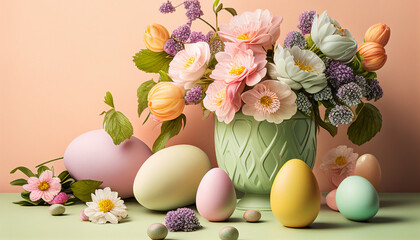 Composition easter eggs and flowers on the pastel green background, happy easter, holiday gift, AI generated
