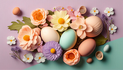 Composition easter eggs and flowers on the pastel purple background, happy easter, holiday gift, AI generated 
