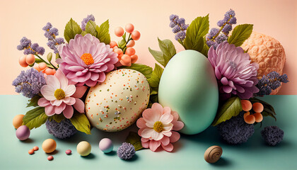 Fototapeta na wymiar Composition easter eggs and flowers on the pastel orange and green background, happy easter, holiday gift, AI generated