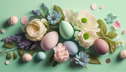 Composition easter eggs and flowers on the pastel green background, happy easter, holiday gift, AI generated
