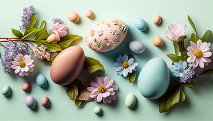 Composition easter eggs and flowers on the pastel green background, happy easter, holiday gift, AI generated