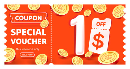 Coupon special voucher 1 dollar , Check banner special offer. Vector illustration