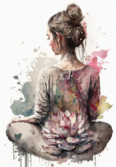 Woman meditating in sitting pose illustration from behind with lotus flower esoteric yogi practice watercolor digital art generative ai