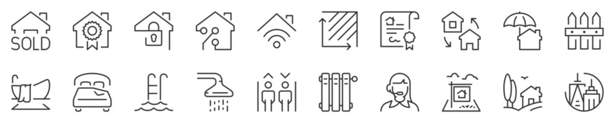 houses and real estate services thin line icon set 2 of 2. Symbol collection in transparent background. Editable vector stroke. 512x512 Pixel Perfect.