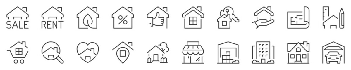 houses and real estate services thin line icon set 1 of 2. Symbol collection in transparent background. Editable vector stroke. 512x512 Pixel Perfect.