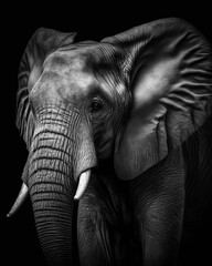 Generated photorealistic close up portrait of an elephant in black and white