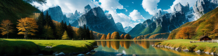 Illustration of a serene lake amidst majestic mountains created with Generative AI technology