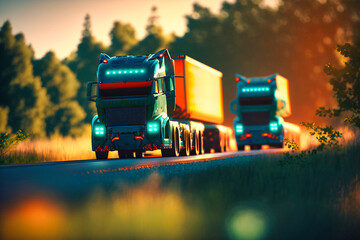 Cerulean trucks swiftly overtake on ebony asphalt, amid verdant rural landscape, tangerine sunset backdrop