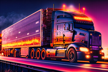 European truck loaded, transporting cargo in stunning twilight,