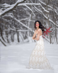 Fototapeta na wymiar Frozen girl in a winter forest with wings made from branches with red berries