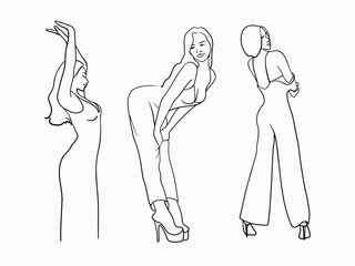 Fashion beauty girls set. Сontour silhouette of a girls on a white background. Line art models vector illustration