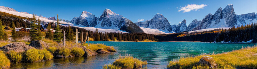 Illustration of a serene lake nestled among towering mountains and lush pine trees created with Generative AI technology
