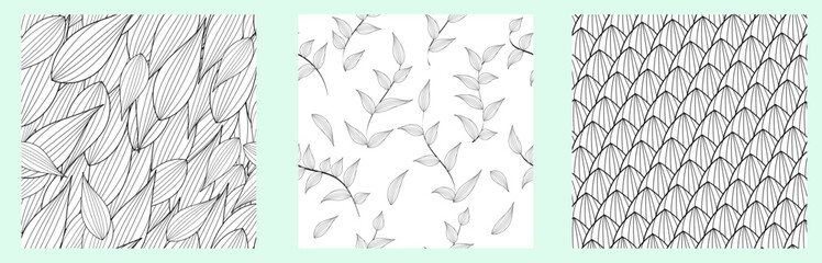 Set of beautiful seamless floral pattern. Modern tropical black and white patterns. Vintage background collection. Line art black seamless pattern on white background. Spring botanical print.