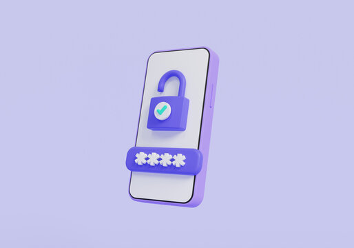 Mobile phone unlocked padlock with password on purple background.