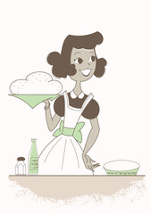 Retro style vector illustration. Housewife with ready-made bread. 