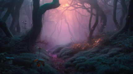 Fototapeta na wymiar Magical misty forest background - made with Generative AI