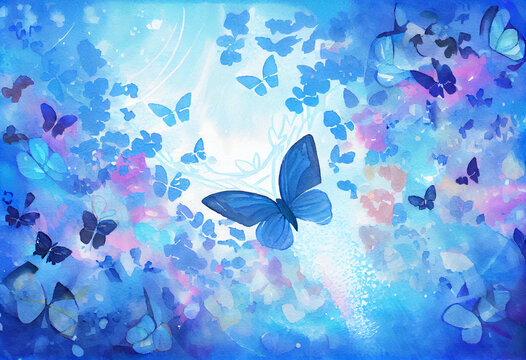 Festive background of purple butterflies and blue flowers. AI Generated